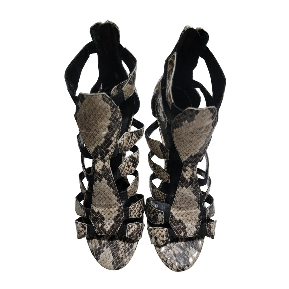 Ivanka Trump Marjory Snakeskin Caged Gladiator High Heel Sandals Grey Black 10M